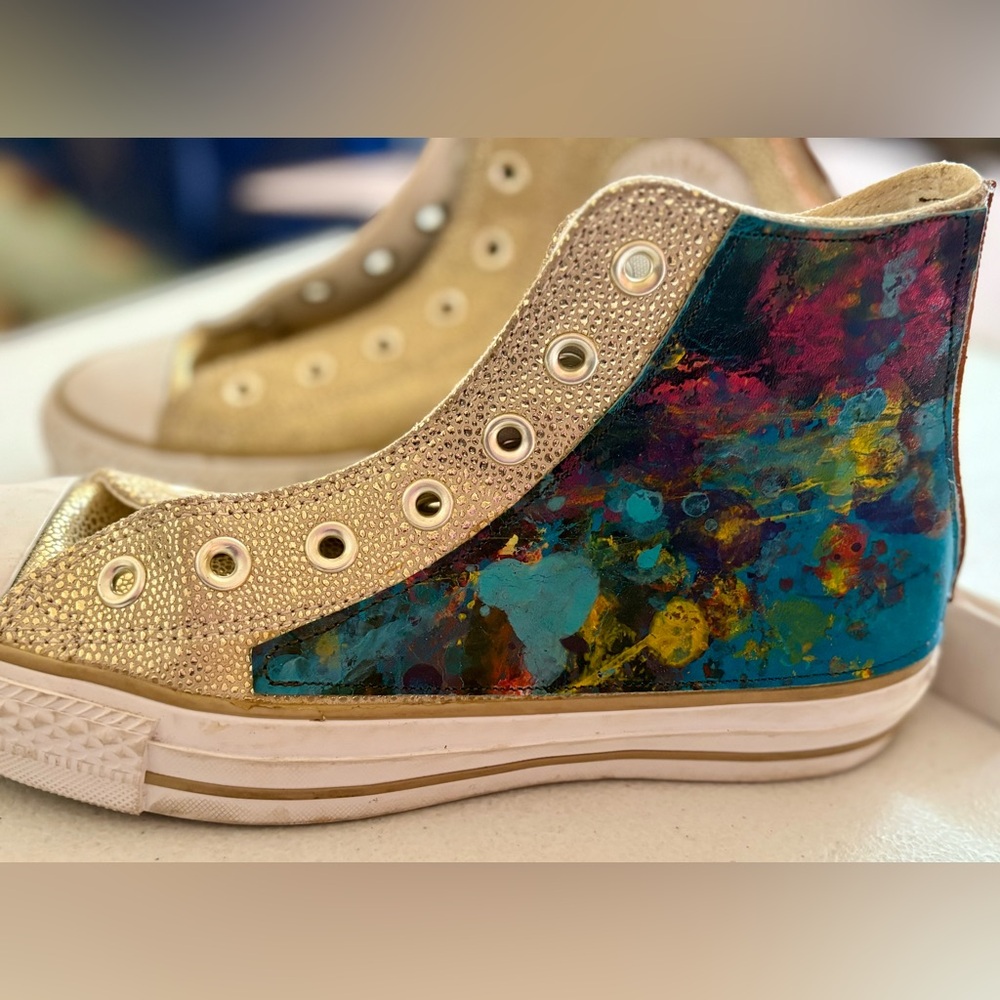 Converse Gold Leather with Custom leather panels painted by Annie Chajin. OOAK